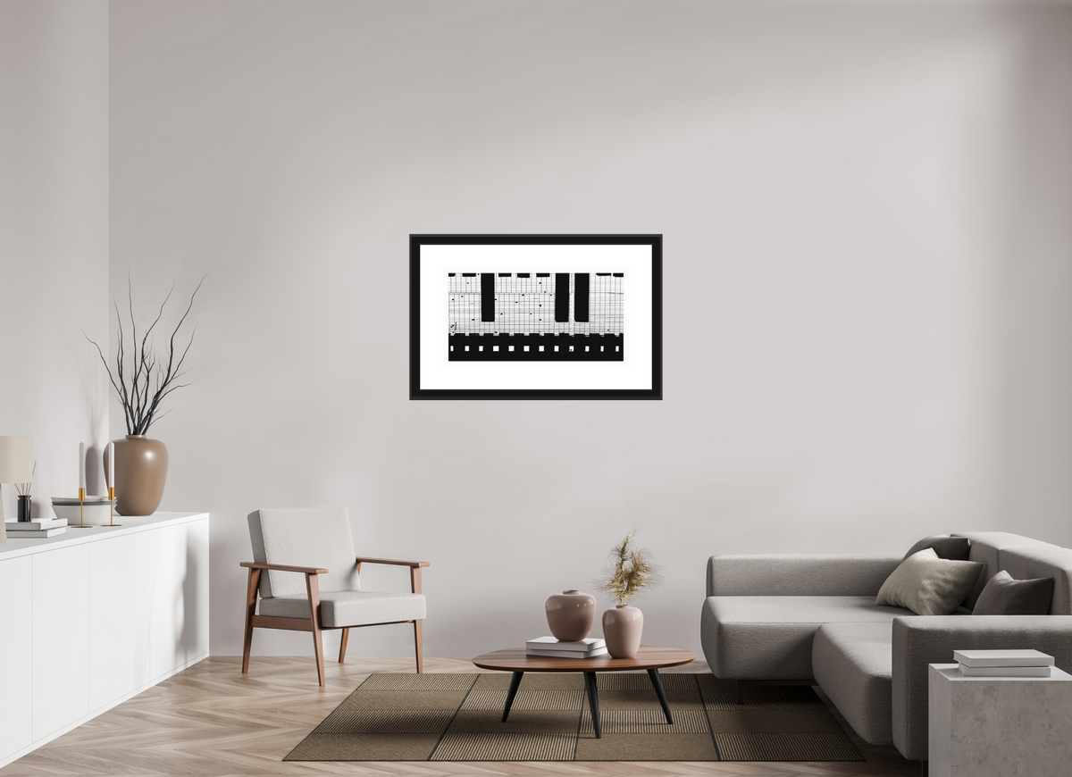 36.8 x 20″, Paper Print Matte, 2" White Border, 2" Black Frame Matte Glass Train Track Grate