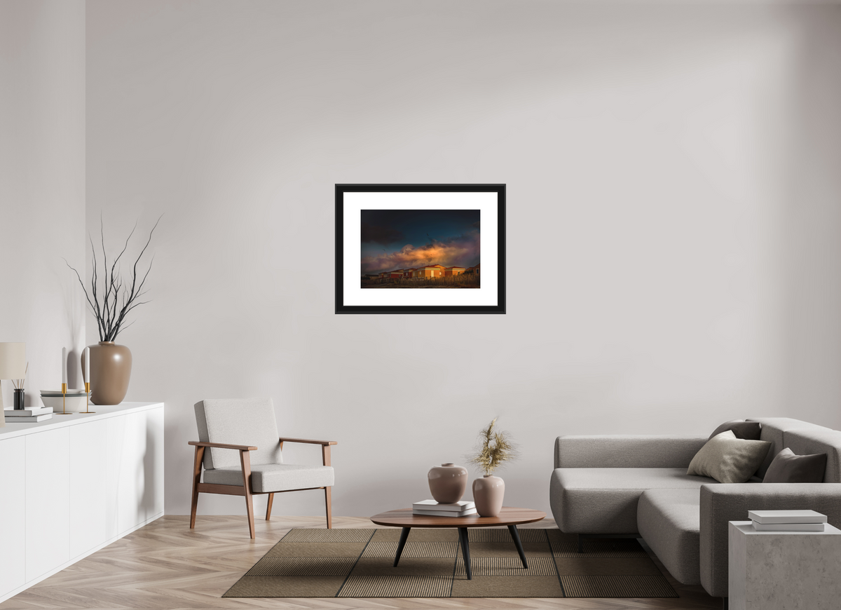 30 x 20″, Paper Print Matte, 2" White Border, 2" Black Frame Matte Glass Frontignan Plage Sunrise