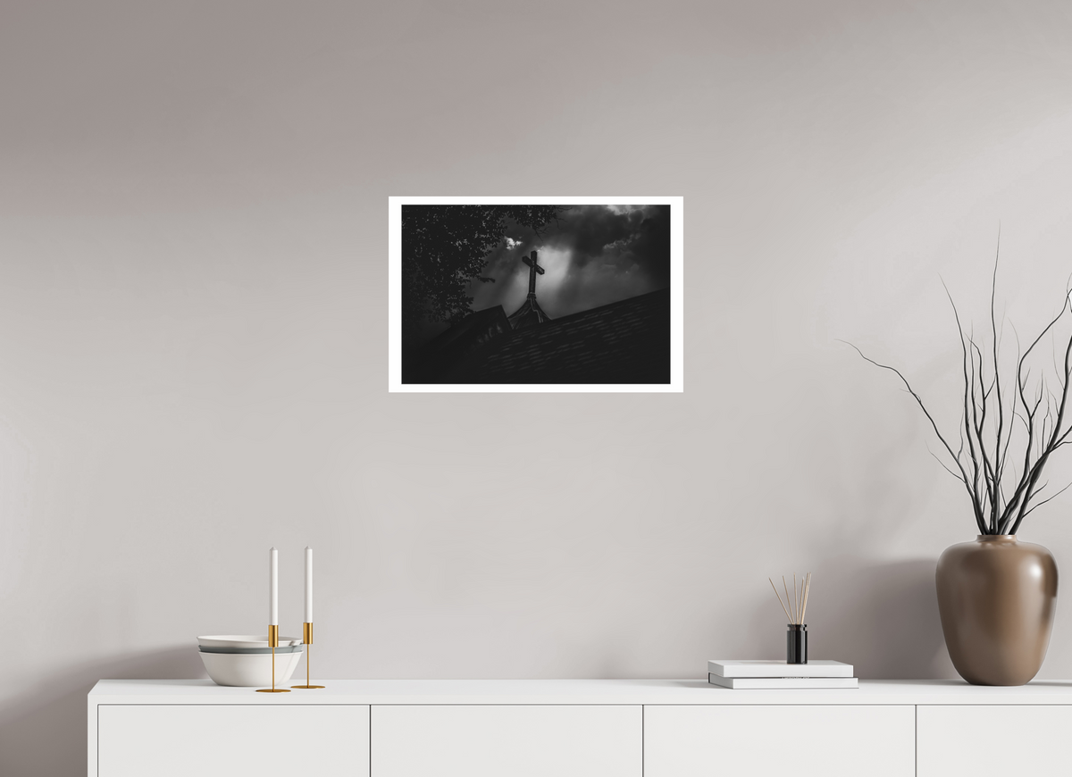 24 x 16″, Fuji Paper Crystal Glossy Ominous Sky Lighting Church Steeple