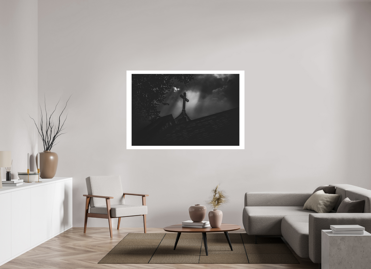 66 x 44″, Fuji Paper Crystal Archive - Matte Ominous Sky Lighting Church Steeple