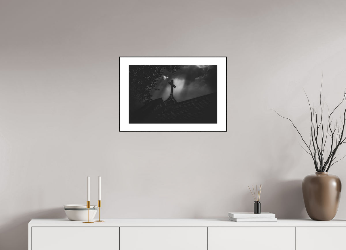 24 x 16″, Black Solid Wood ArtBox - Matte Glass - 1.18" White Border Ominous Sky Lighting Church Steeple