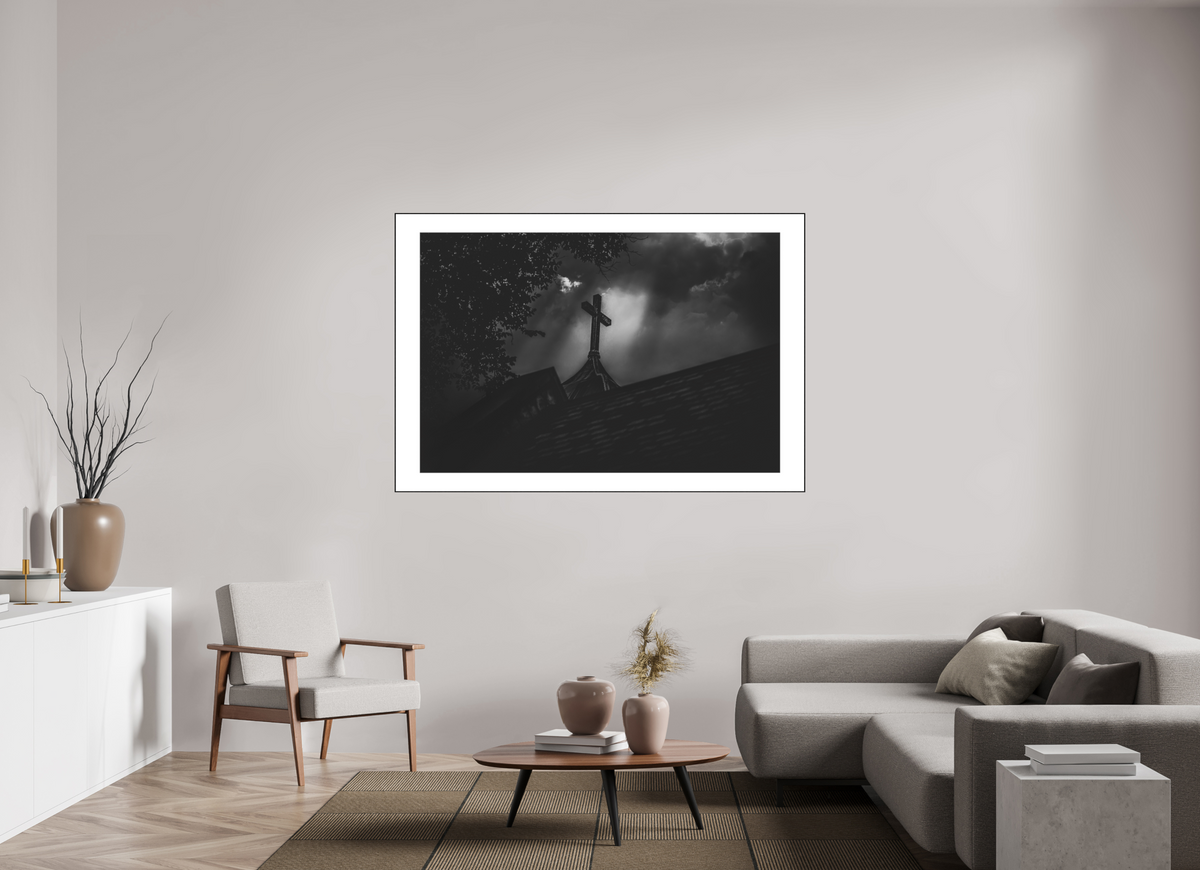 66 x 44″, Black Solid Wood ArtBox - Matte Glass - 1.18" White Border Ominous Sky Lighting Church Steeple